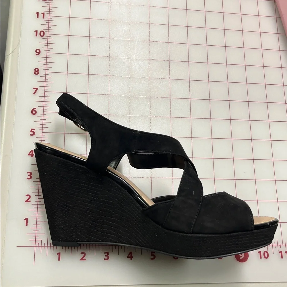 ALFANI NEW Whimsigoth Party Black Suede Leather Crossover Platform Wedge Shoe 10